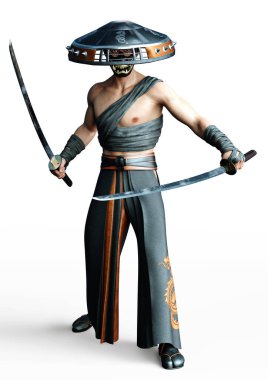 İzole edilmiş beyaz bir arka planda iki katana kullanan Japon bir samurayın portresi. 3d oluşturma