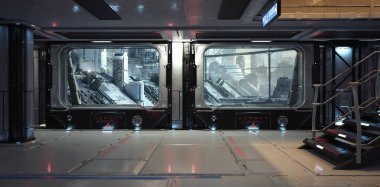 Şehir merkezinin dışından görünüşü olan fütüristik bir uzay koridoru merkezi kavramı. 3d oluşturma arkaplanı