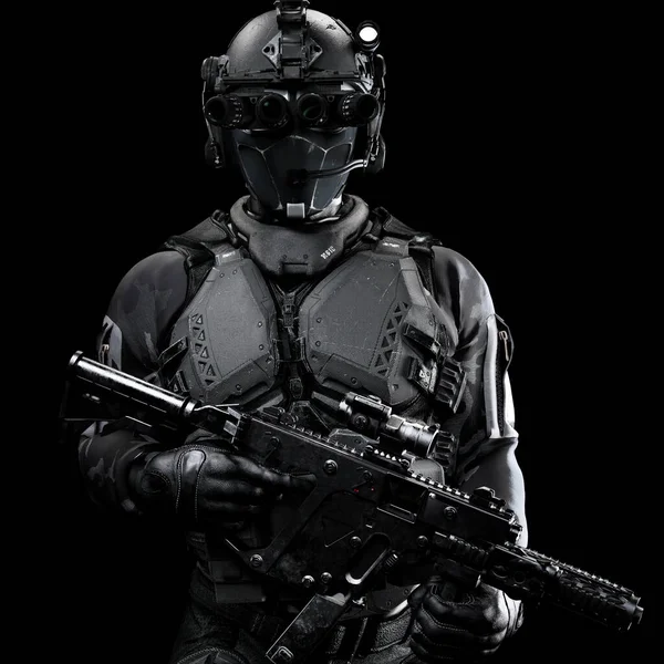 Egy Álarcos Futurisztikus Taktikai Páncélos Katona Portréja Fekete Háttérrel Renderelés — Stock Fotó