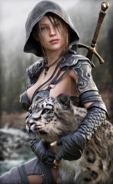 Portrait of a fantasy female Ranger pathfinder sitting with her pet feline, wearing leather armor , hooded cloak and equipped with a sword. Misty mountains and a stream in the background.3d rendering