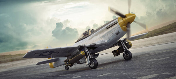 Элитные винтажные самолеты легендарный P51 Mustang руля вниз по взлетно-посадочной полосе к своей миссии Второй мировой войны. 3d-рендеринг
