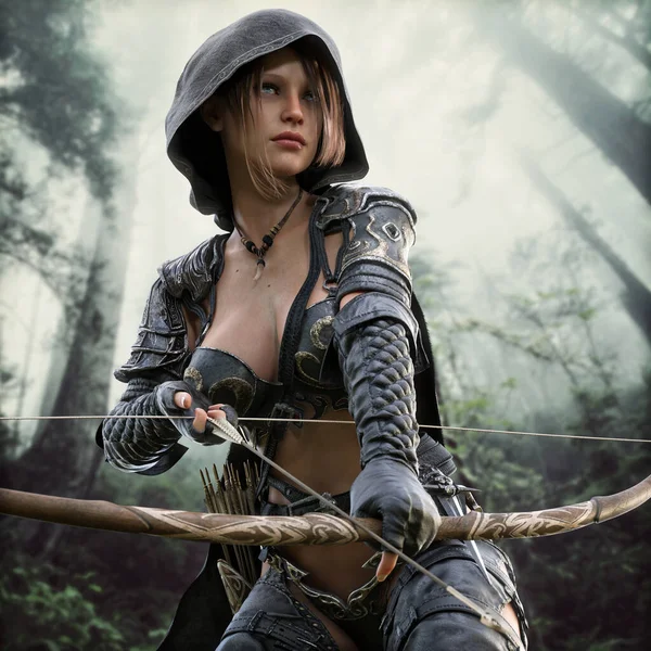 Portrait of a fantasy female Ranger standing ready watching her target from a distance wearing leather armor , hooded cloak and equipped with a bow. 3d rendering with a forest background