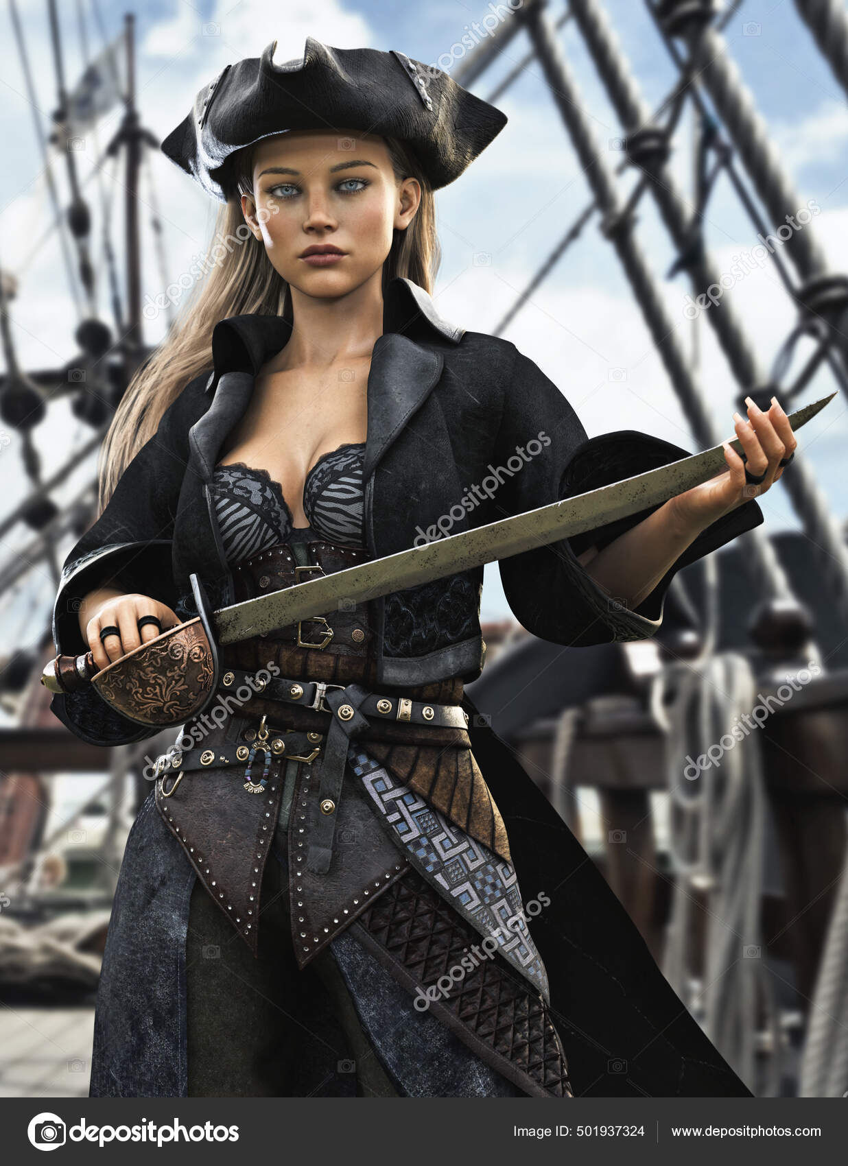 Portrait Female Pirate Mercenary Standing Deck Her Ship Armed Ready Stock  Photo by ©digitalstorm 501937324