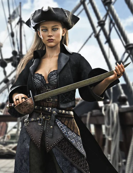 Portrait Female Pirate Mercenary Standing Deck Her Ship Armed Ready — Stock Photo, Image