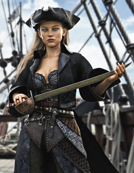 Портрет женщины-пирата, стоящей на палубе своего корабля вооруженной и готовой к бою. 3d-рендеринг