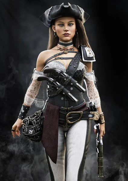 Портрет Добре Озброєної Жінки Пірата Кількома Чорними Пороховими Пістолетами Пробиваються — стокове фото