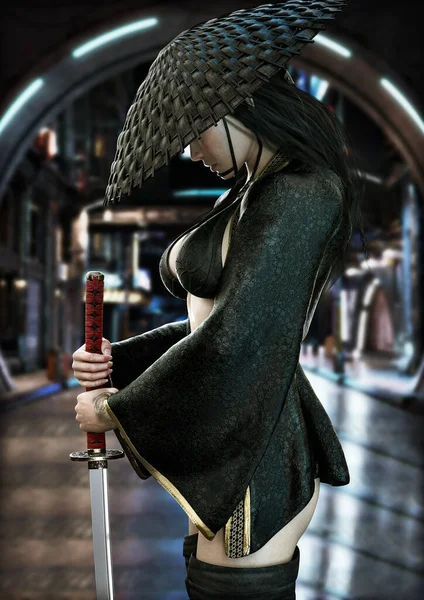 Mysterious Female Warrior Posing Ready Katana Sword Blurred Neon City — Stock Photo, Image