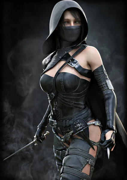神秘地蒙面无言的流氓杀手女刺客穿过浓烟 手持匕首冲向她的目标 Fantasy 3D渲染 — 图库照片