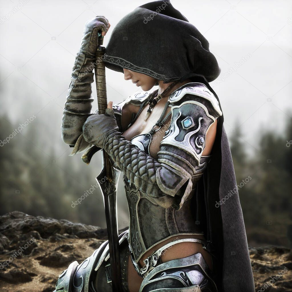 Mysterious Ranger warrior female wearing a hooded cape and light armor reflecting on her journey with a beautiful mountainous terrain background . Fantasy 3d rendering