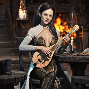 Elegant fantasy female bard plays a song in a medieval tavern with her favorite lute instrument. 3d rendering clipart