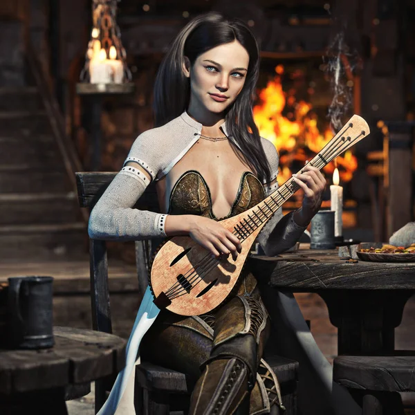 Elegante Fantasie Vrouwelijke Bard Speelt Een Lied Een Middeleeuwse Taverne — Stockfoto