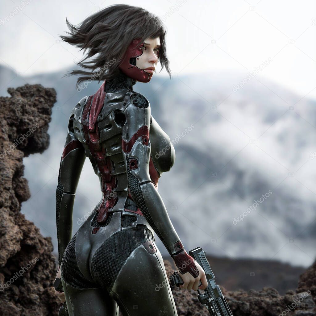 Futuristic battle tested cyborg female surveys the area for her target. 3d rendering