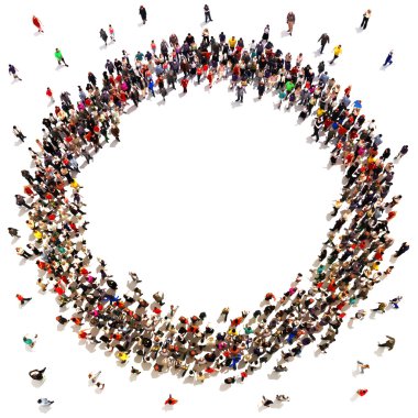Large crowd of people moving toward the center forming a circle with room for text or copy space advertisement on a white background. clipart