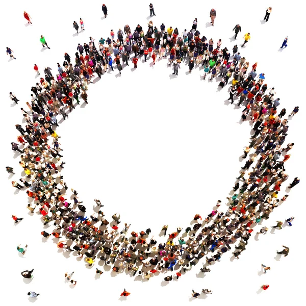 Large crowd of people moving toward the center forming a circle with room for text or copy space advertisement on a white background. — Stock Photo, Image