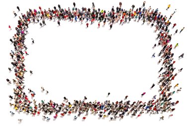 Large crowd of people moving toward the center forming a square with room for text or copy space advertisement on a white background. clipart