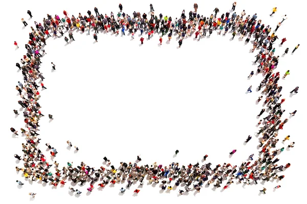 Gran multitud de personas moviéndose hacia el centro formando un cuadrado con espacio para texto o espacio de copia de publicidad sobre un fondo blanco . — Foto de Stock