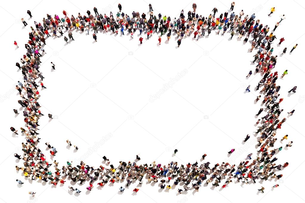 Large crowd of people moving toward the center forming a square with room for text or copy space advertisement on a white background.