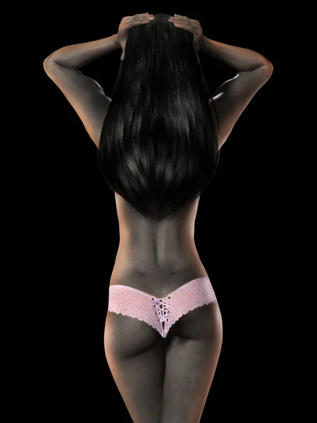 Sexy jovem morena vestindo calcinha rosa em um fundo preto — Fotografia de Stock
