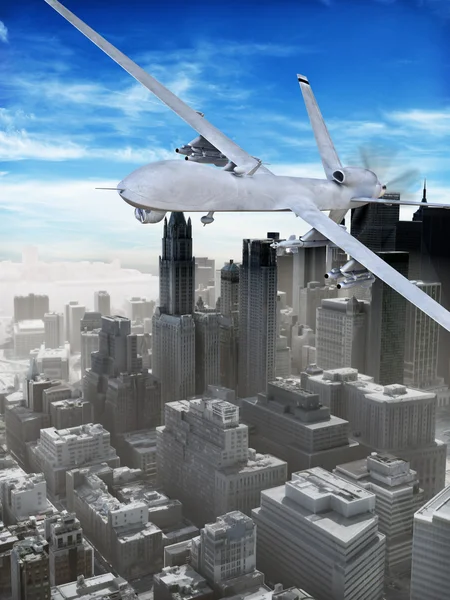 Armed surveillance UAV drone flying over a city . — Stock Photo, Image