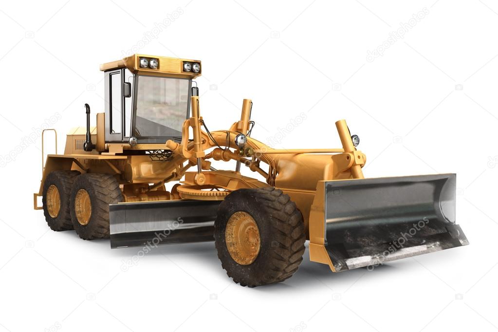 Generic construction road grader construction machinery equipment positioned on a white background