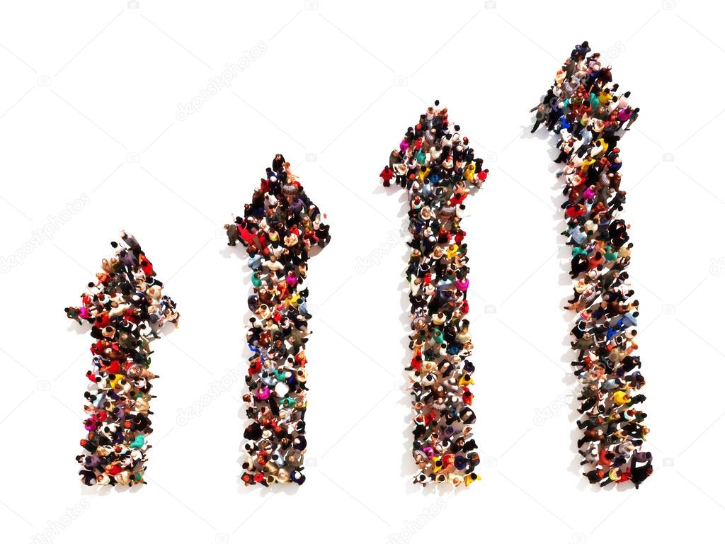 People in the form of arrows with gradual increasing on a white background.