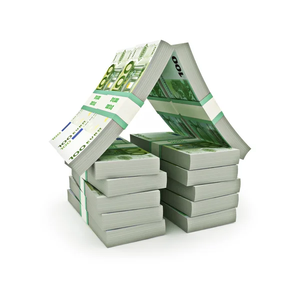 Stack of Euro money in the shape of a house on a white background. — Stock Photo, Image