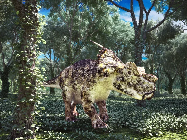 Achelousaurus prähistorischer Dinosaurier streift durch die Wälder. — Stockfoto