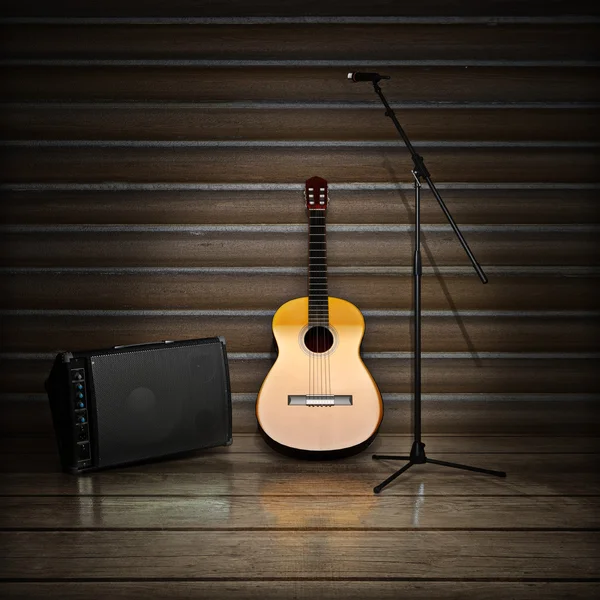 Fondo temático musical con guitarra acústica, amplificador y micrófono . — Foto de Stock