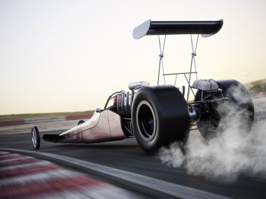 Dragster racing down the track with burnout. clipart