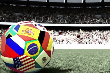 bir futbol topu futbol katılımcı ülkelerde alanında 3D render.