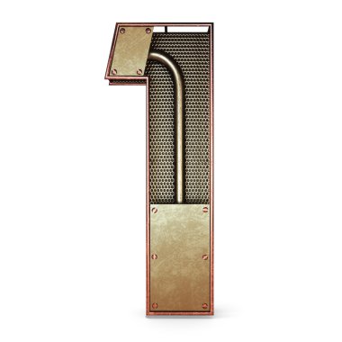 3d number one 1 symbol with rustic gold metal, mesh, tubes with copper and brass accents.Isolated on a white background.