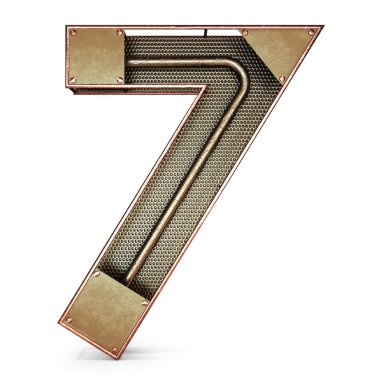 3d number seven 7 symbol with rustic gold metal, mesh, tubes with copper and brass accents.Isolated on a white background.