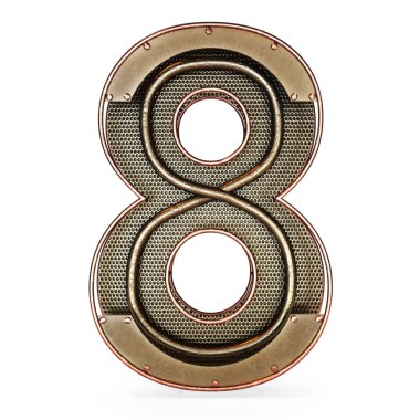 3d number eight 8 symbol with rustic gold metal, mesh, tubes with copper and brass accents.Isolated on a white background.