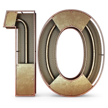 3d number ten 10 symbol with rustic gold metal, mesh, tubes with copper and brass accents.Isolated on a white background.