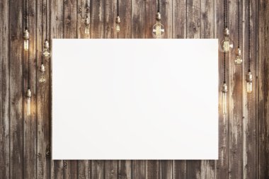 Mock up poster with ceiling lamps and a rustic wood background, Photo realistic 3d illustration.