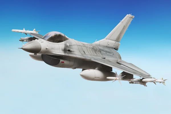 Vojenská stíhačka F16 zblízka, létání vzduchem — Stock fotografie