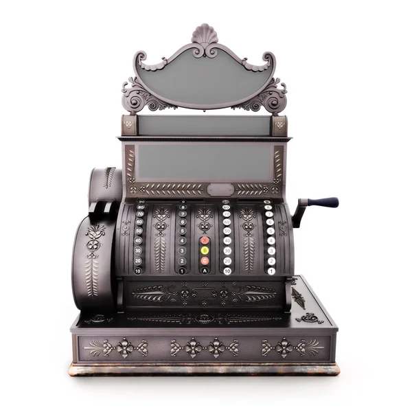 Vista frontal de uma caixa registadora retro antiga isolada num fundo branco . — Fotografia de Stock