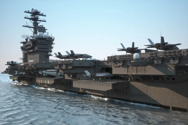 Navy aircraft carrier angled view, with a large compartment of aircraft and crew. — Stock Photo, Image