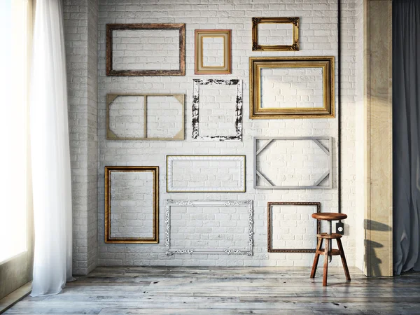 Abstraktes Interieur aus sortierten klassischen leeren Bilderrahmen vor einer weißen Ziegelwand mit rustikalem Hartholzboden. — Stockfoto