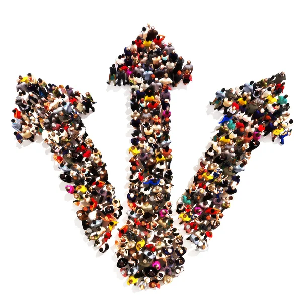 People headed into different directions . Large groups of people in the shape of arrows taking different routes.