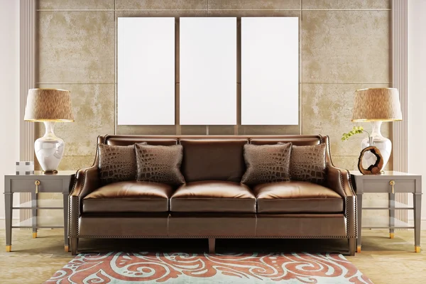 Mock up posters with leather sofa couch. Photo realistic 3d illustration — Φωτογραφία Αρχείου