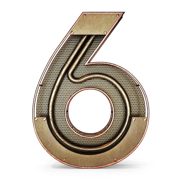 3d número seis 6 símbolo com metal de ouro rústico, malha, tubos com acentos de cobre e latão. Isolado em um fundo branco . — Fotografia de Stock