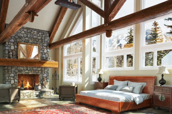 Luxurious open floor cabin interior bedroom design with roaring fireplace and winter scenic background