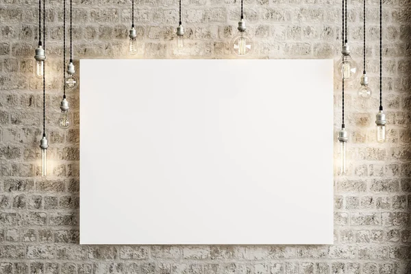 Mock up poster with ceiling lamps and a rustic brick background — Zdjęcie stockowe