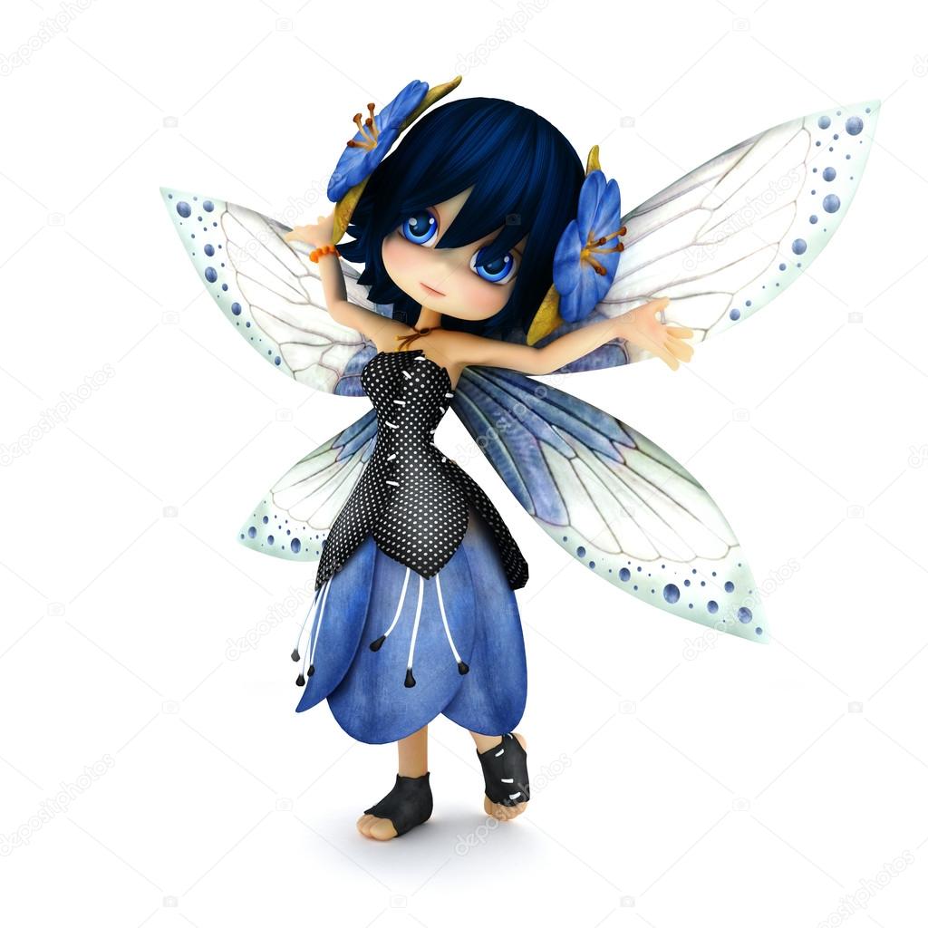 Cute toon fairy wearing blue flower dress with flowers in her hair posing on a white isolated background.