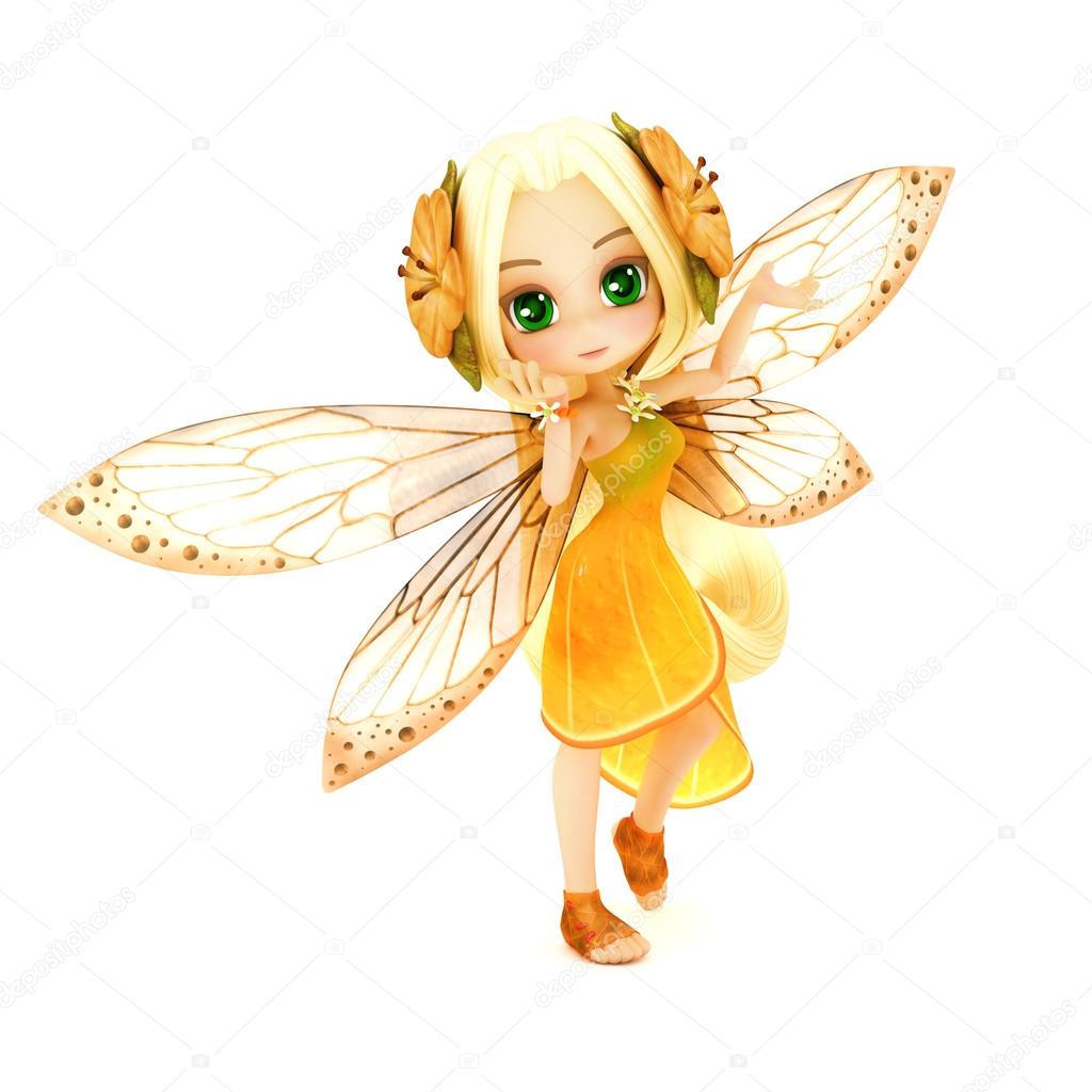 Cute toon fairy wearing orange flower dress with flowers in her hair posing on a white isolated background