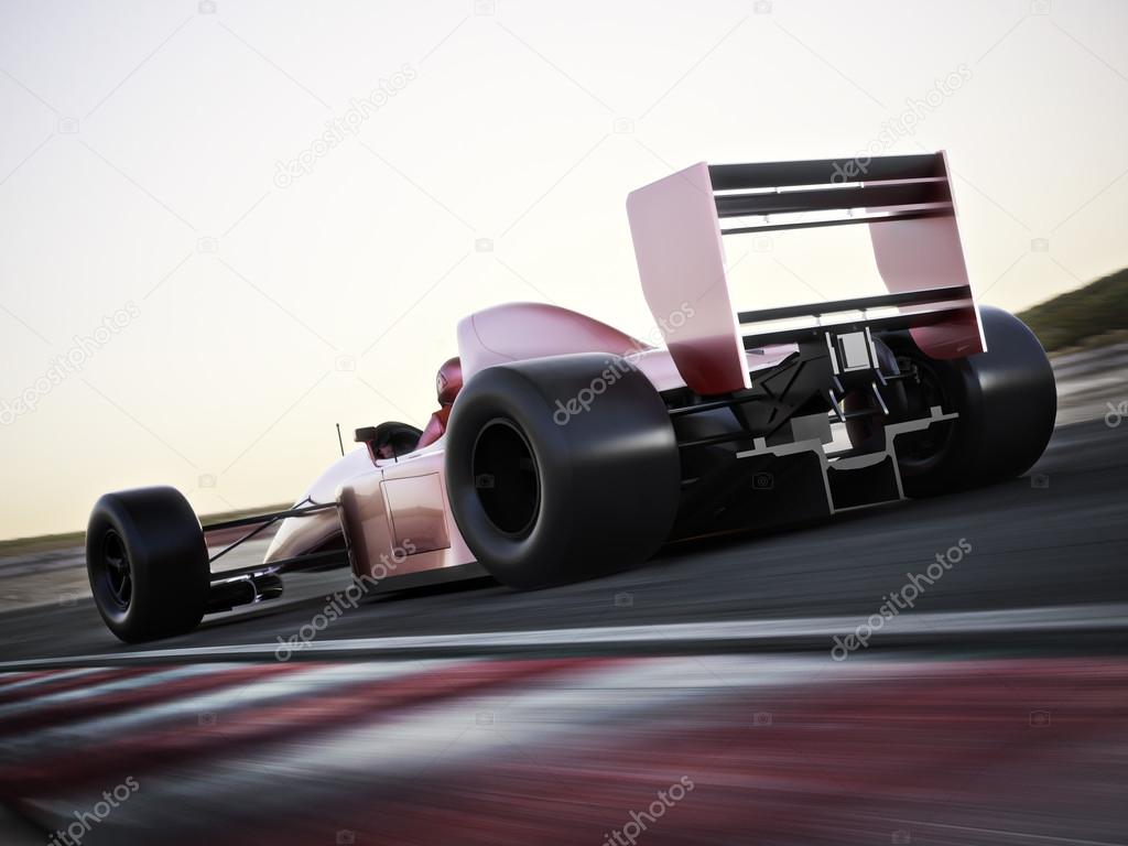 Race car back view speeding down a track with motion blur. Photo realistic 3d scene with room for text or copy space