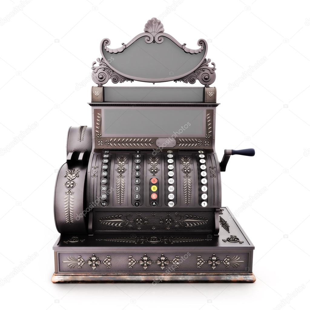 Front view of an Antique retro cash register isolated on a white background.