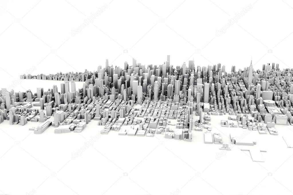 Architectural 3D model illustration of a large city on a white background.