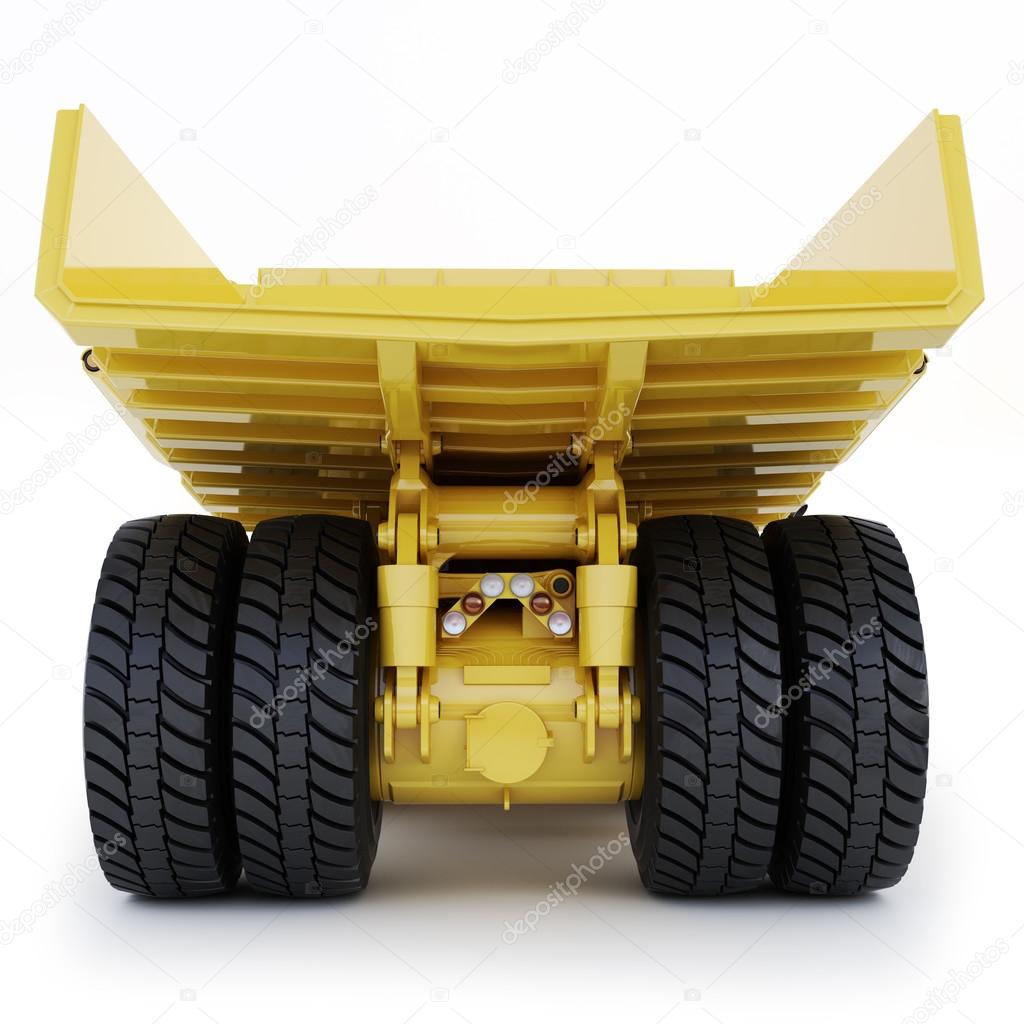 Large industrial construction dump truck rear view on an isolated white